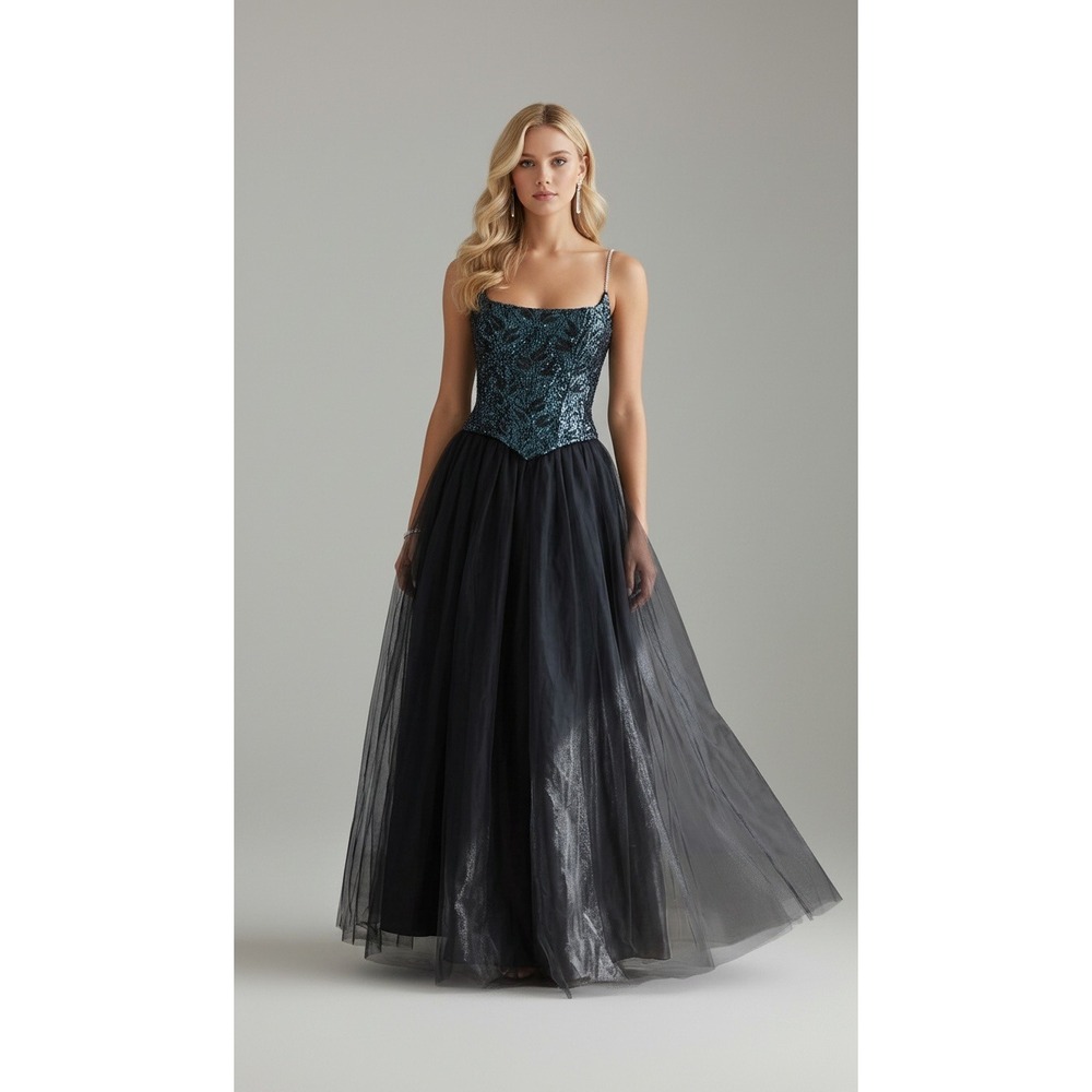 Vintage 90s Bari Jay Sequin Tulle Ball Gown Teal Black Prom Formal Dress Sz 3/4